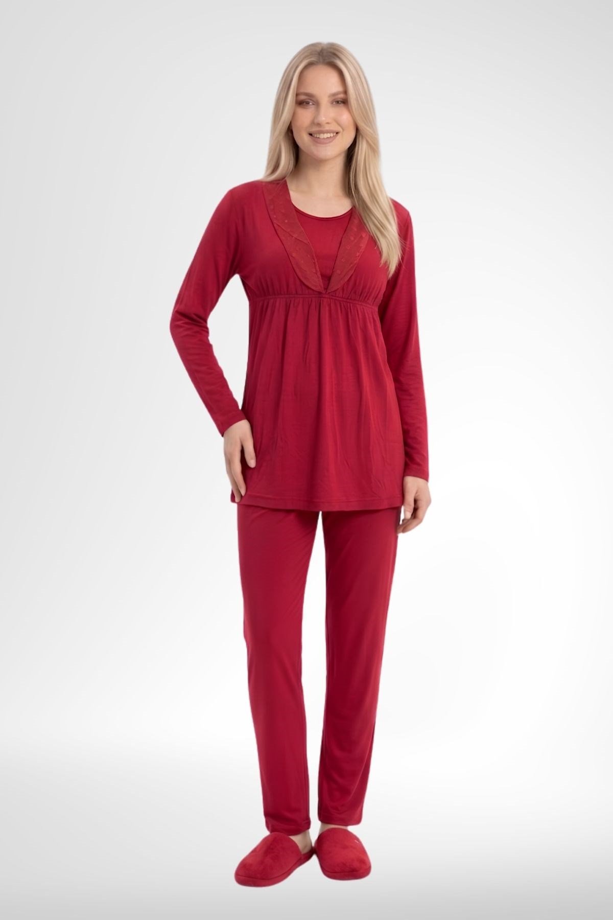 MECİT PİJAMAMecit 6406 Kırmızı Dantel Sabahlıklı Lohusa Pijama Takımı