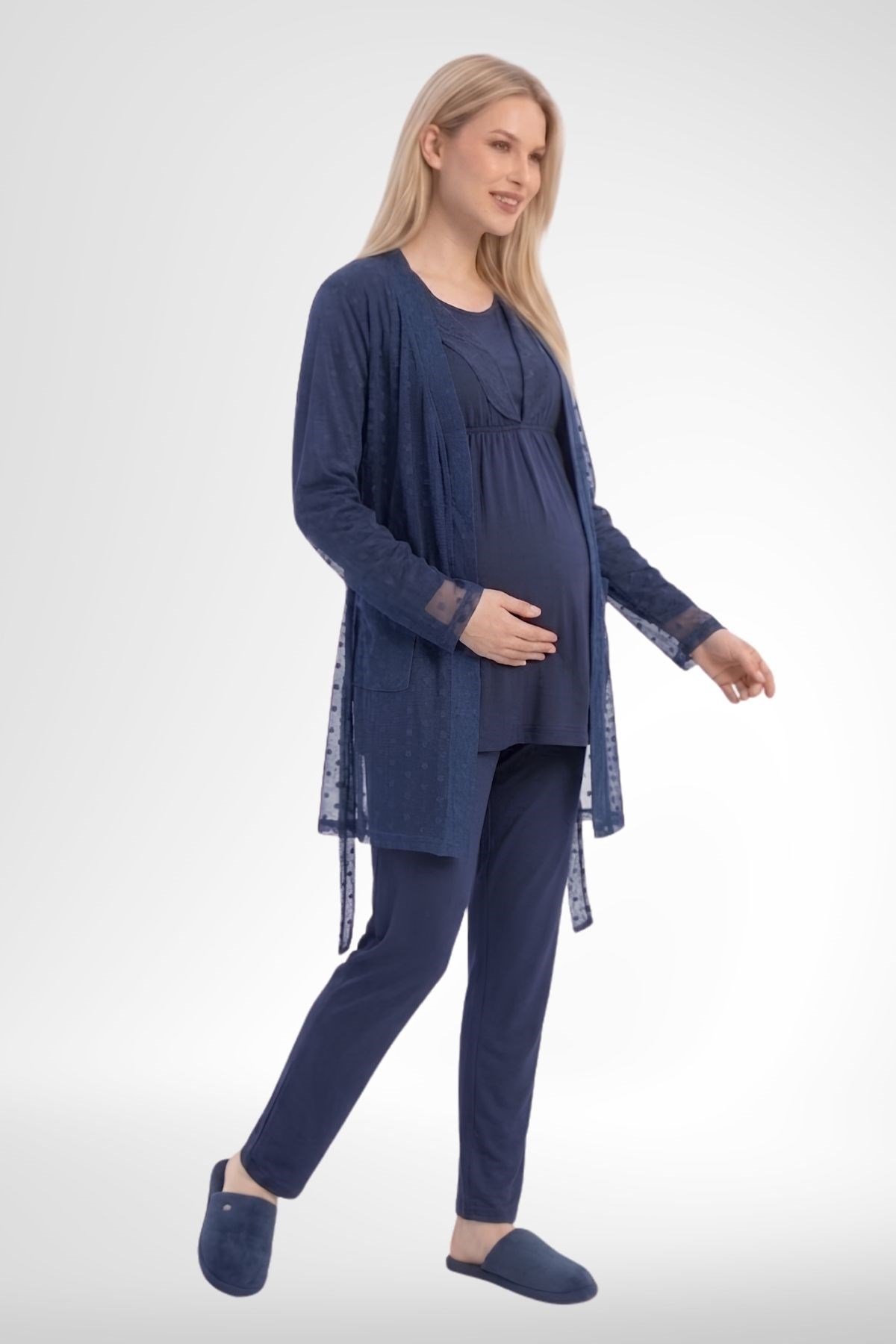 MECİT PİJAMAMecit 6406 Lacivert Dantel Sabahlıklı Lohusa Pijama Takımı