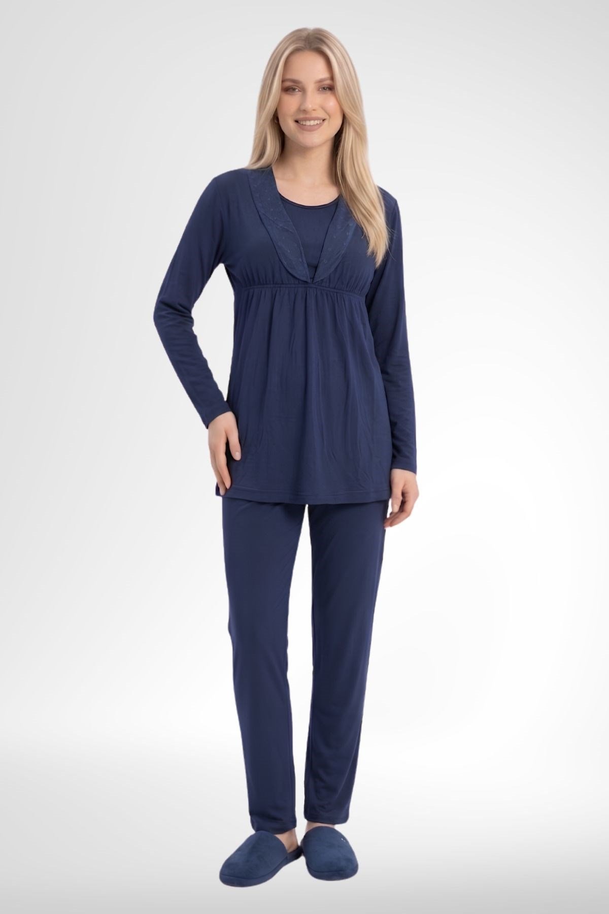 MECİT PİJAMAMecit 6406 Lacivert Dantel Sabahlıklı Lohusa Pijama Takımı