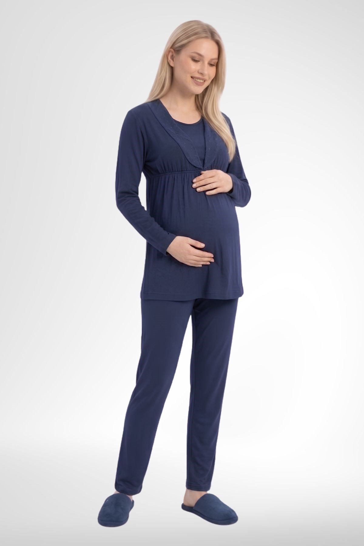MECİT PİJAMAMecit 6406 Lacivert Dantel Sabahlıklı Lohusa Pijama Takımı