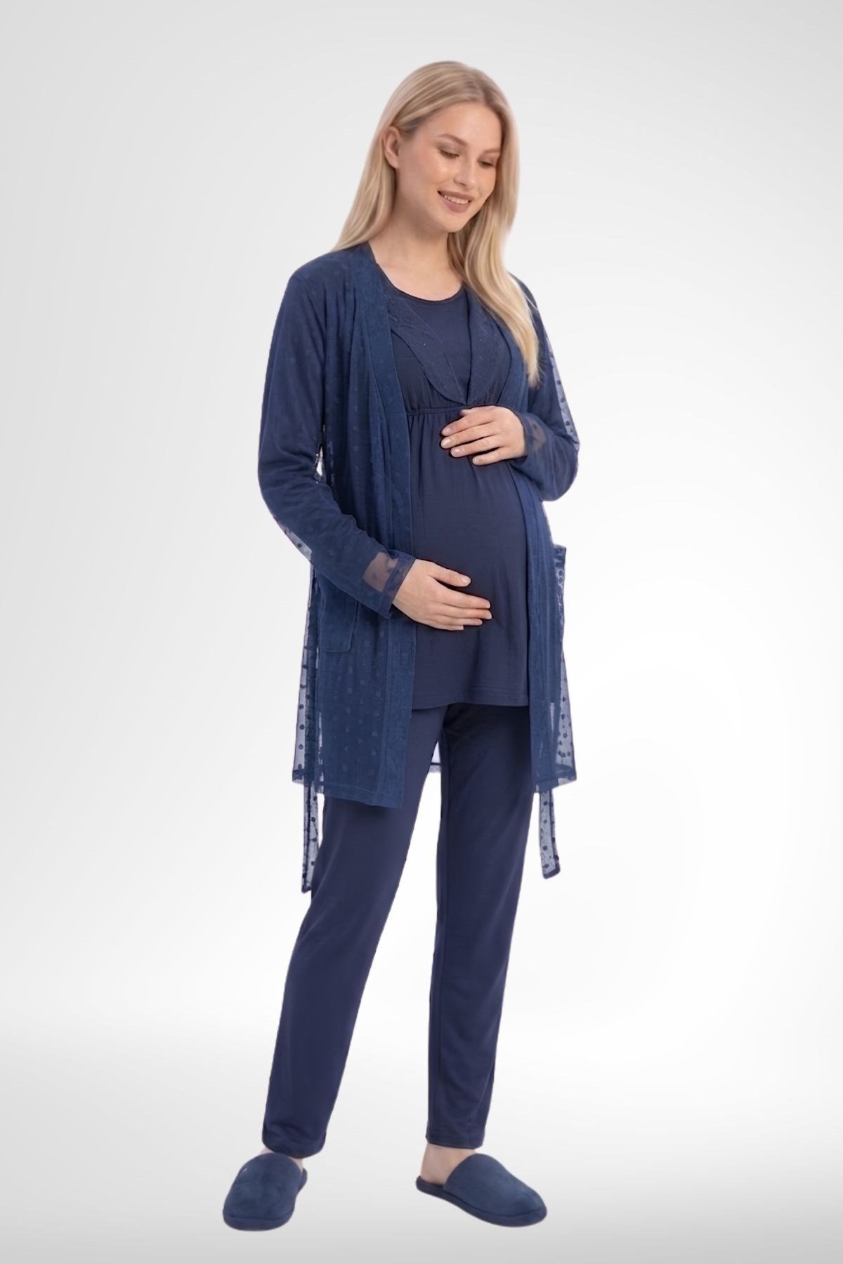 MECİT PİJAMAMecit 6406 Lacivert Dantel Sabahlıklı Lohusa Pijama Takımı