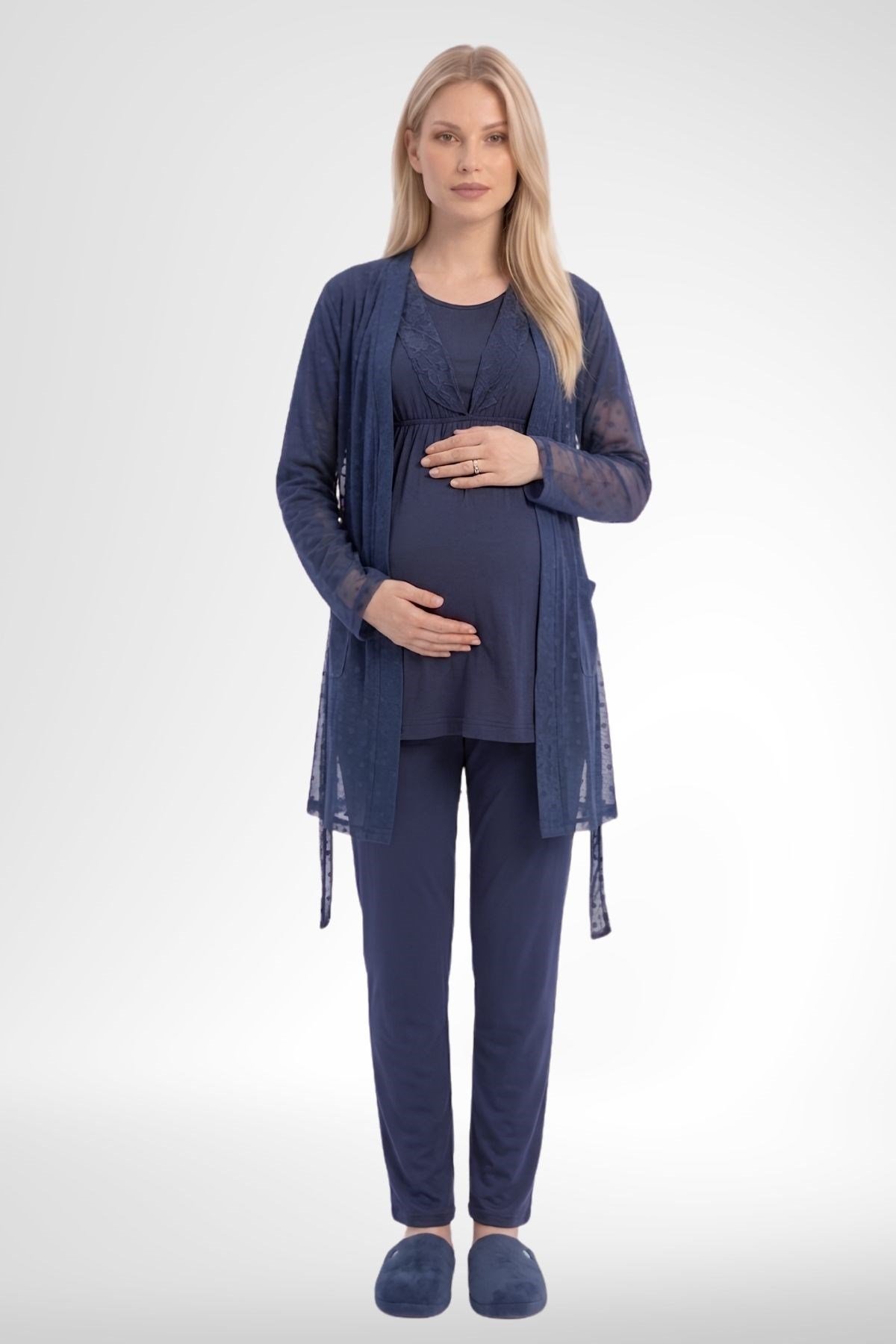 MECİT PİJAMAMecit 6406 Lacivert Dantel Sabahlıklı Lohusa Pijama Takımı