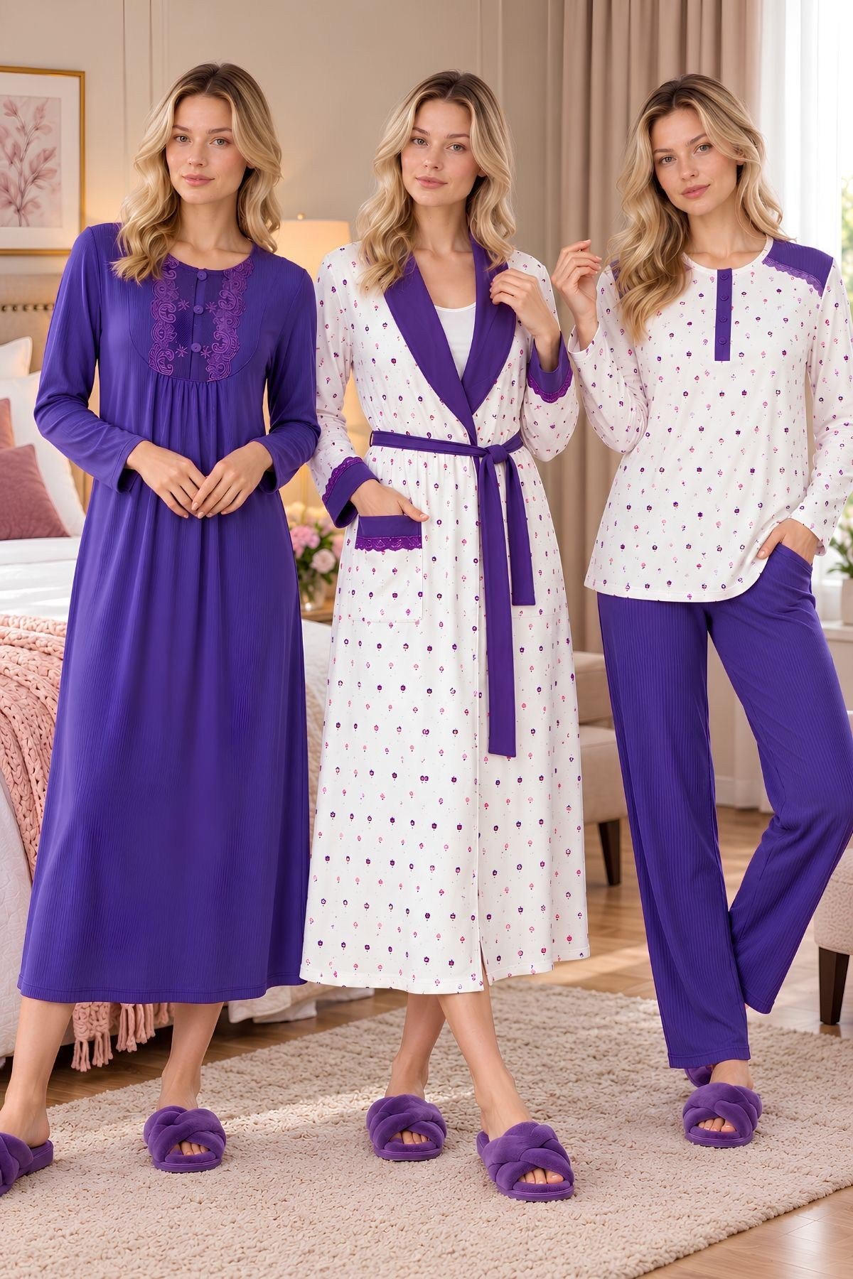 MECİT PİJAMAMecit 6415 Mor Kadın Büyük Beden Sabahlık Pijama Gecelik Set
