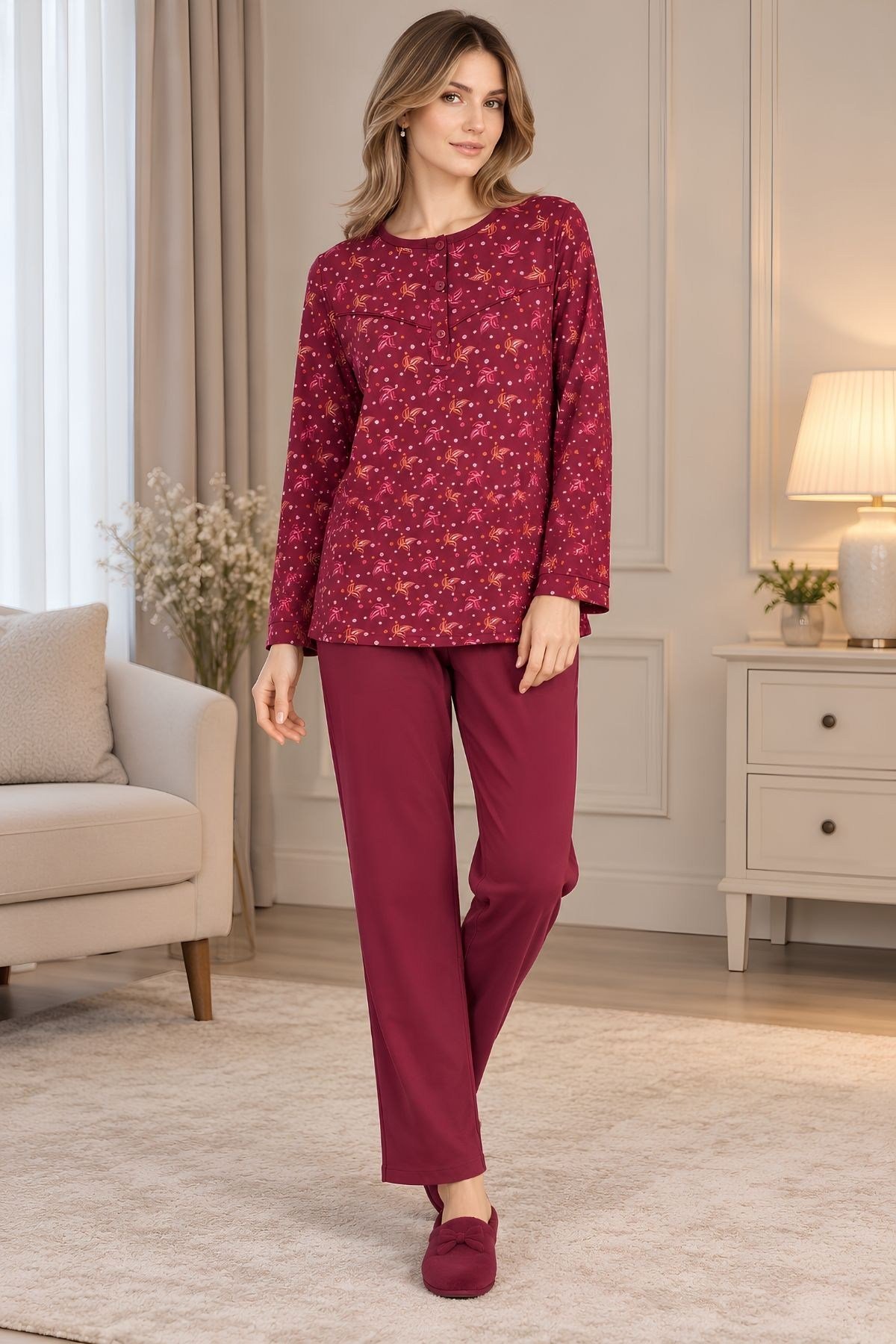 MECİT PİJAMAMecit 6416 Bordo %100 Pamuk Büyük Beden Kadın Pijama Takımı