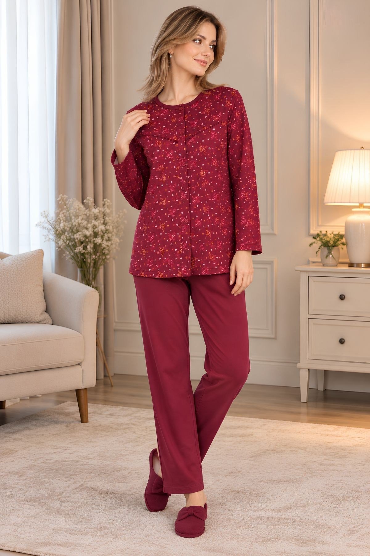 MECİT PİJAMAMecit 6417 Bordo %100 Pamuk Boydan Düğmeli Büyük Beden Kadın Pijama Takımı