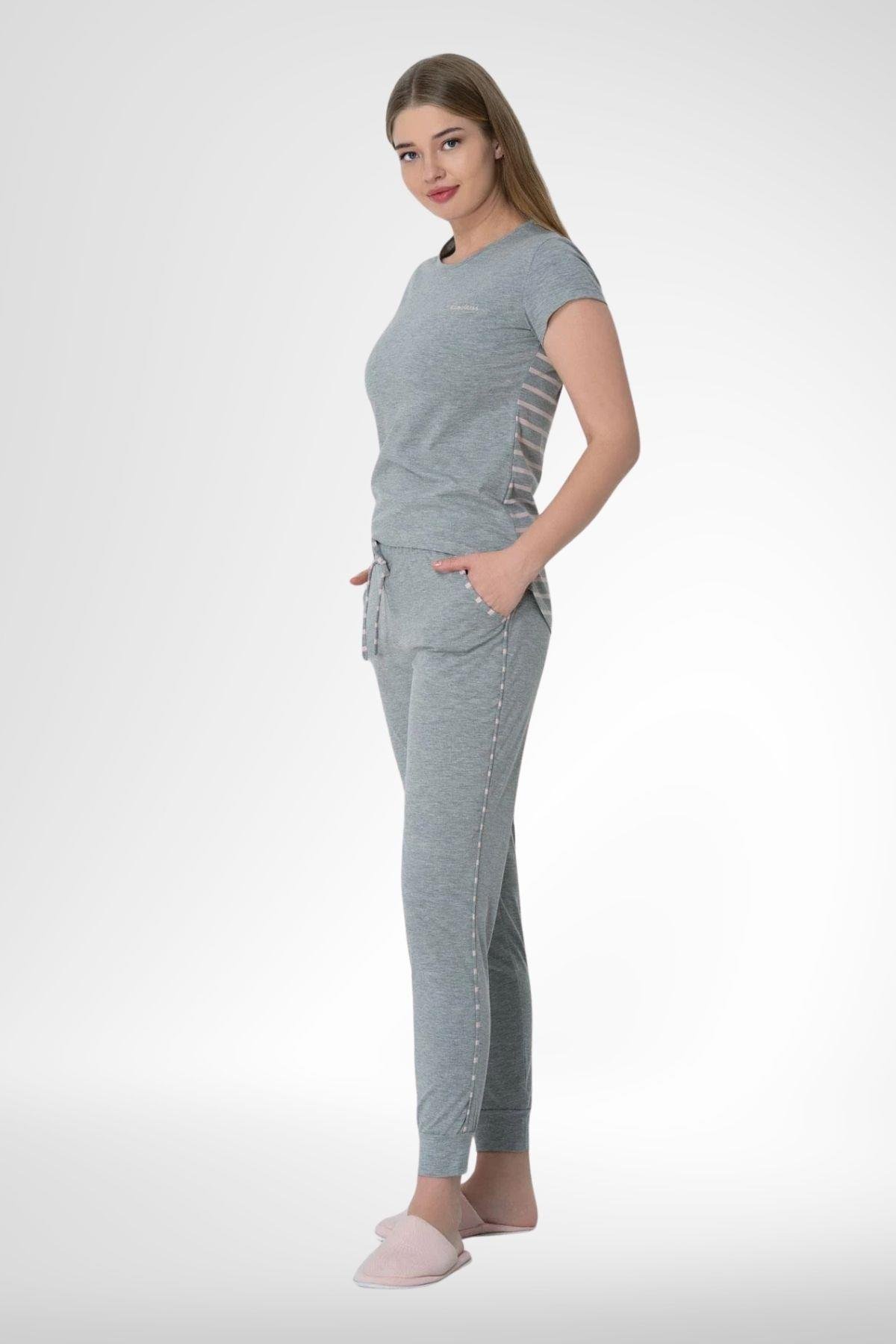 MECİT PİJAMAMecit 6501 Pembe Çizgili 6 Parça Spor Kadın Pijama Gecelik Sabahlık Set