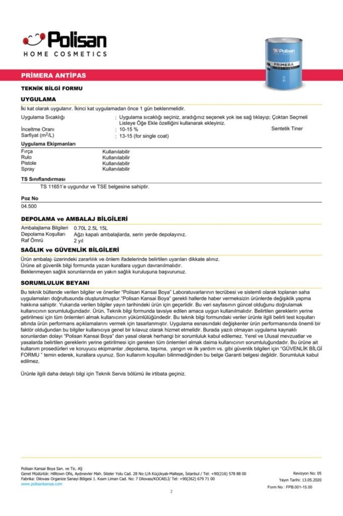  İç Cephe Duvar & Tavan BoyalarıPOLİSANPolisan Primera Antipas Kırmızı 2.5 Lt