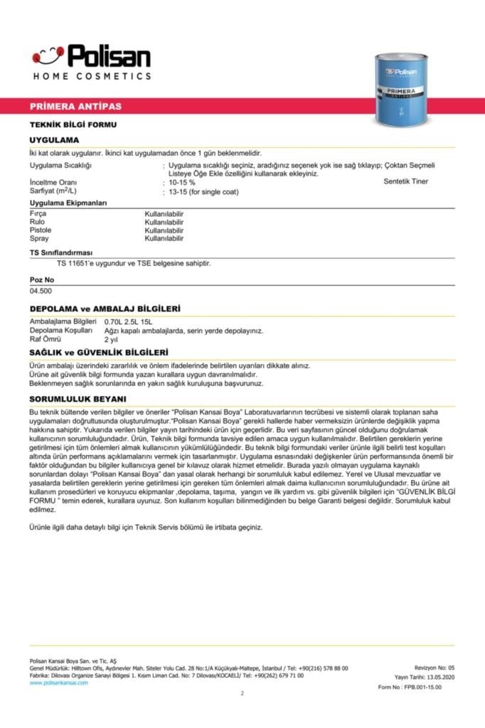  İç Cephe Duvar & Tavan BoyalarıPOLİSANPolisan Primera Antipas Kırmızı 2.5 Lt
