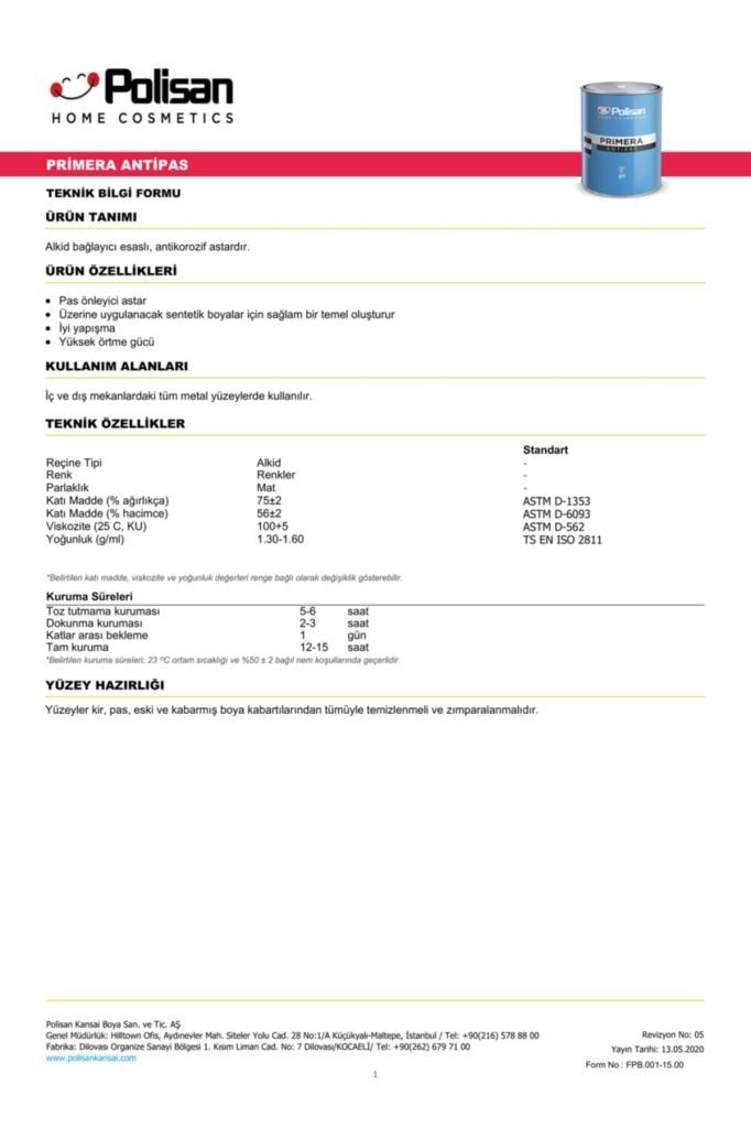  İç Cephe Duvar & Tavan BoyalarıPOLİSANPolisan Primera Antipas Kırmızı 2.5 Lt