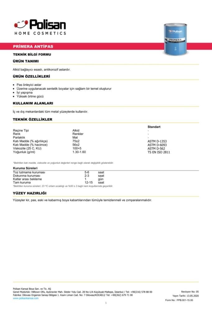 İç Cephe Duvar & Tavan BoyalarıPOLİSANPolisan Primera Antipas Kırmızı 2.5 Lt