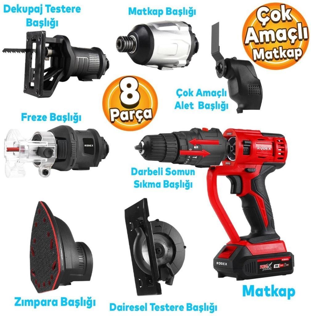 Matkap ÇeşitleriRODEXRodex RPX2708F Şarjlı Akülü Matkap Çok Amaçlı 7 Değişebilir Başlıklı Matkap Vidalama 8 Parça