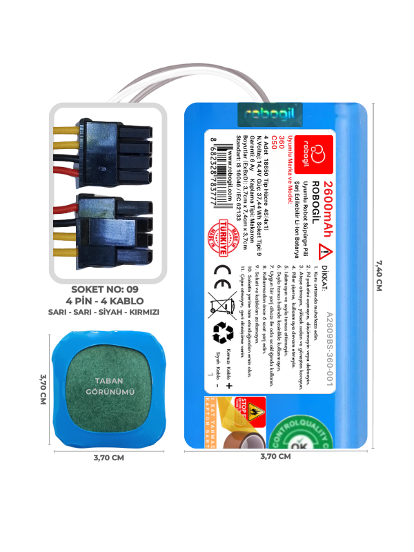 360 C50 2600mAh Uyumlu Robot Süpürge Pili A2609BS-360-001