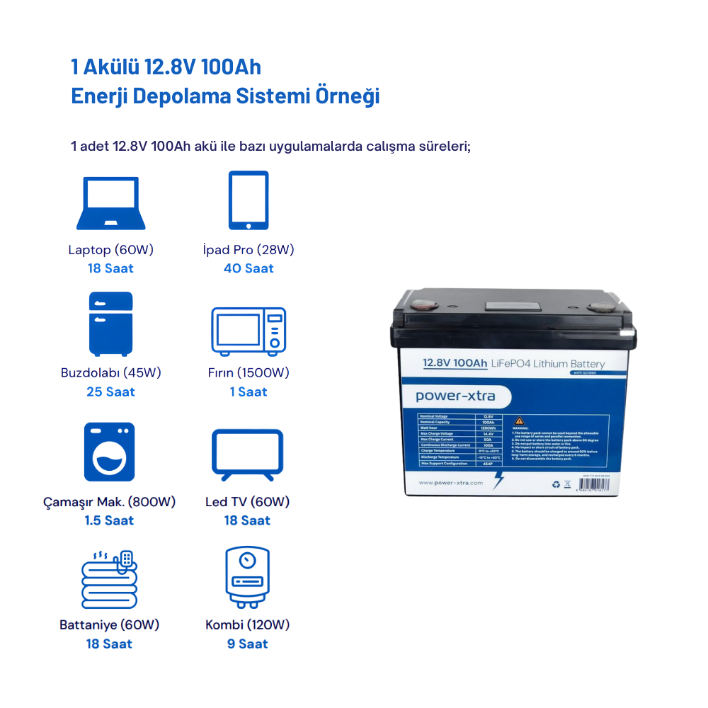 Power-Xtra 12.8V 100Ah LiFePO4 Lityum Akü - Ekranlı