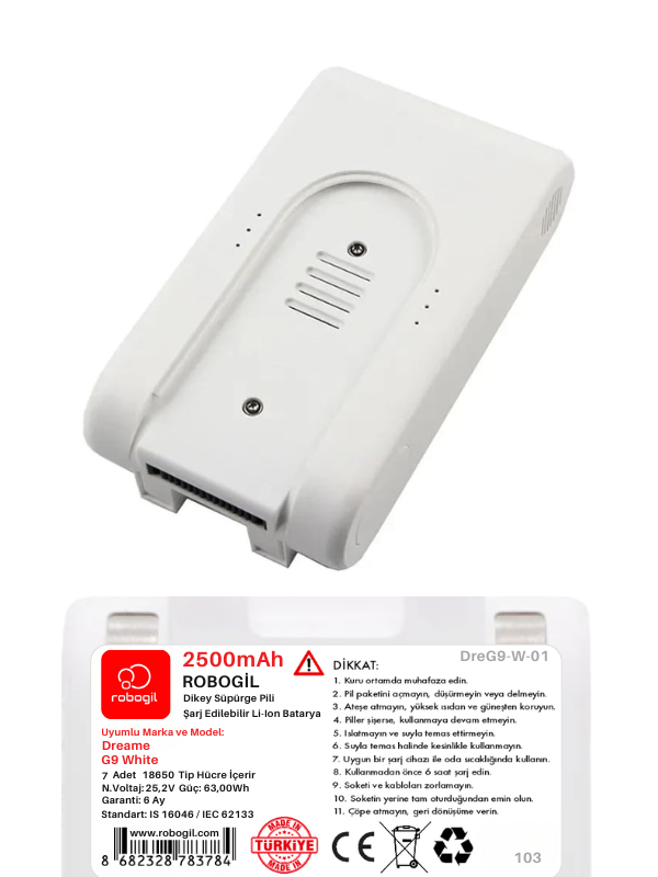 Dreame G9 White Handheld Cordless Vacuum 2500mAh Uyumlu Bataryası Dikey Süpürge Pili Li-ion Yedek Pil Paketi DreG9-W-01