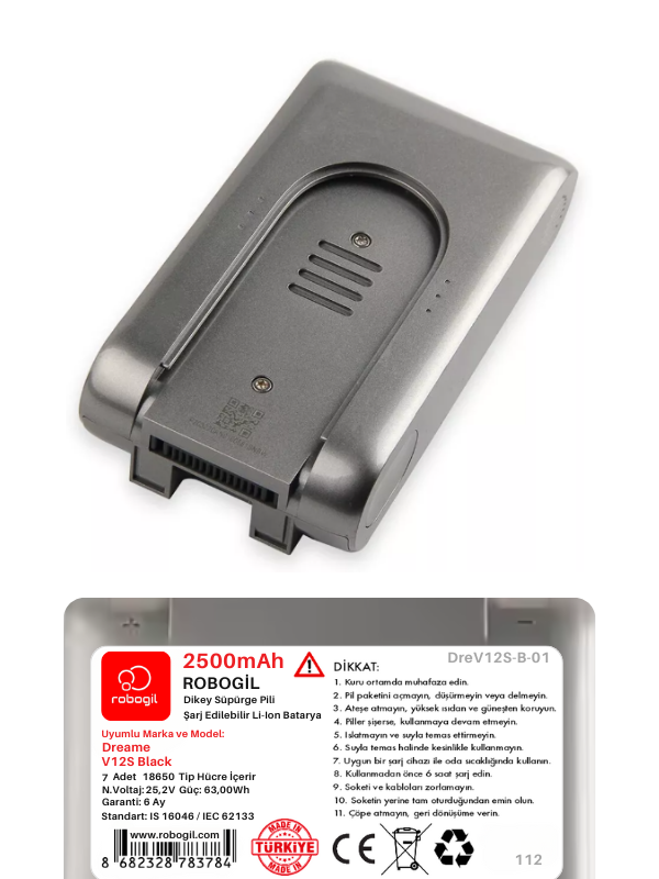 Dreame V12S Black Handheld Cordless Vacuum 2500mAh Uyumlu Bataryası Dikey Süpürge Pili Li-ion Yedek Pil Paketi DreV12S-B-01