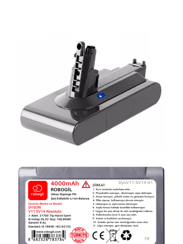 Dyson V11 SV14 Absolute 4000mAh Uyumlu Bataryası Dikey Süpürge Pili Li-ion Yedek Pil Paketi DysV11-SV14-01