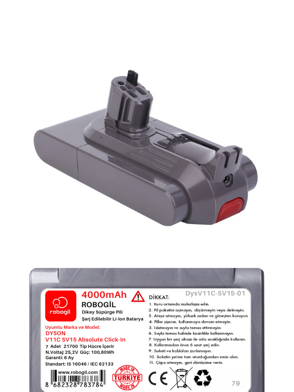 Dyson V11C SV15 Absolute 4000mAh Uyumlu Bataryası Dikey Süpürge Pili Li-ion Yedek Pil Paketi DysV11C-SV15-01