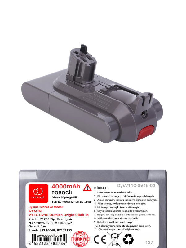 Dyson V11C SV16 Outsize Origin Click-In 4000mAh Uyumlu Pil Paketi / Bataryası DysV11C-SV16-03Sıra: 137