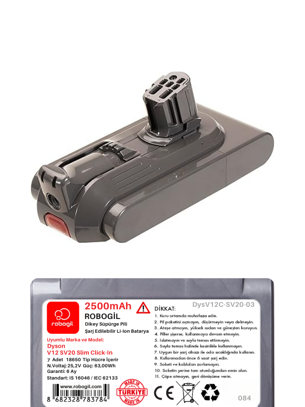 Dyson V12C SV20 Slim 2500mAh Uyumlu Bataryası Dikey Süpürge Pili Li-ion Yedek Pil Paketi DysV12C-SV20-03
