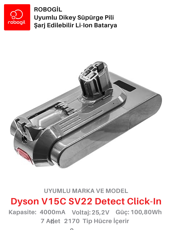Dyson V15C SV22 Detect 4000mAh Uyumlu Bataryası Dikey Süpürge Pili Li-ion Yedek Pil Paketi DysV15C-SV22-01