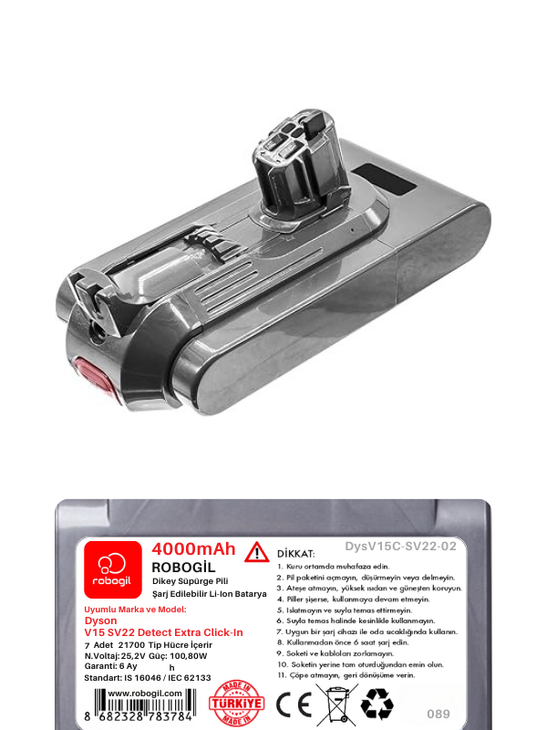 Dyson V15C SV22 Detect Extra 4000mAh Uyumlu Bataryası Dikey Süpürge Pili Li-ion Yedek Pil Paketi DysV15C-SV22-02