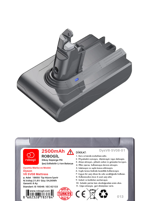Dyson V6 SV08 Mattress 2500mAh Uyumlu Bataryası Dikey Süpürge Pili Li-ion Yedek Pil Paketi DysV6-SV08-01