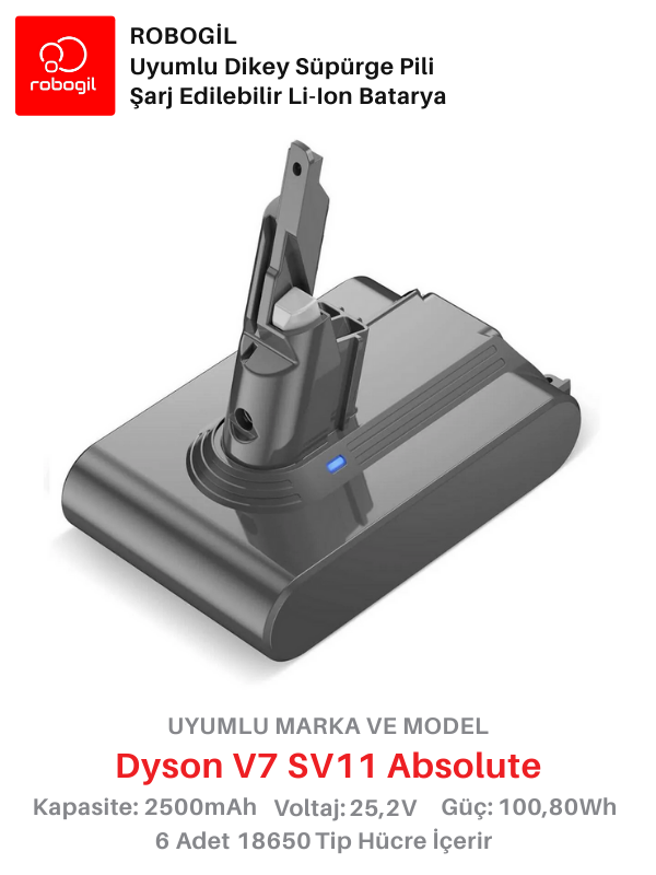 Dyson V7 SV11 Absolute 2500mAh Uyumlu Bataryası Dikey Süpürge Pili Li-ion Yedek Pil Paketi DysV7-SV11-01