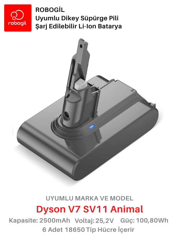 Dyson V7 SV11 Animal 2500mAh Uyumlu Bataryası Dikey Süpürge Pili Li-ion Yedek Pil Paketi DysV7-SV11-03
