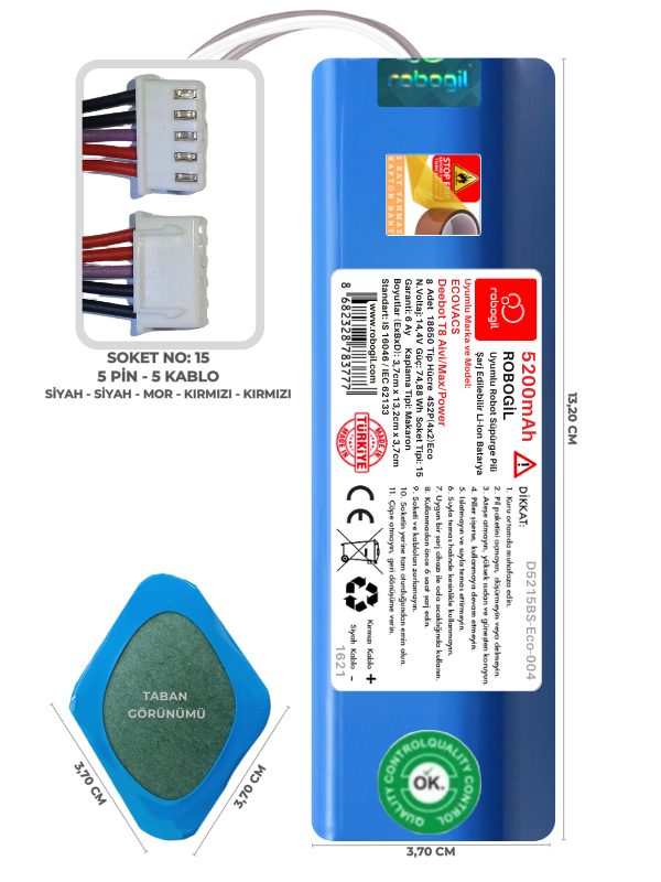 Ecovacs Deebot T8 Aivi/Max/Power 5200mAh Uyumlu Robot Süpürge Pili D5215BS-Eco-004