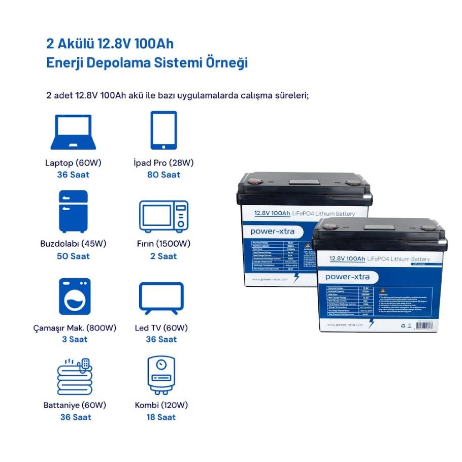 Power-Xtra 12.8V 100Ah LiFePO4 Lityum Akü - Ekranlı - Siyah Kutu 2 li