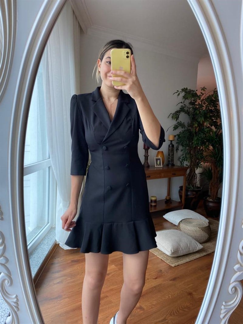 5131-891 Volanlı Blazer Elbise Siyah