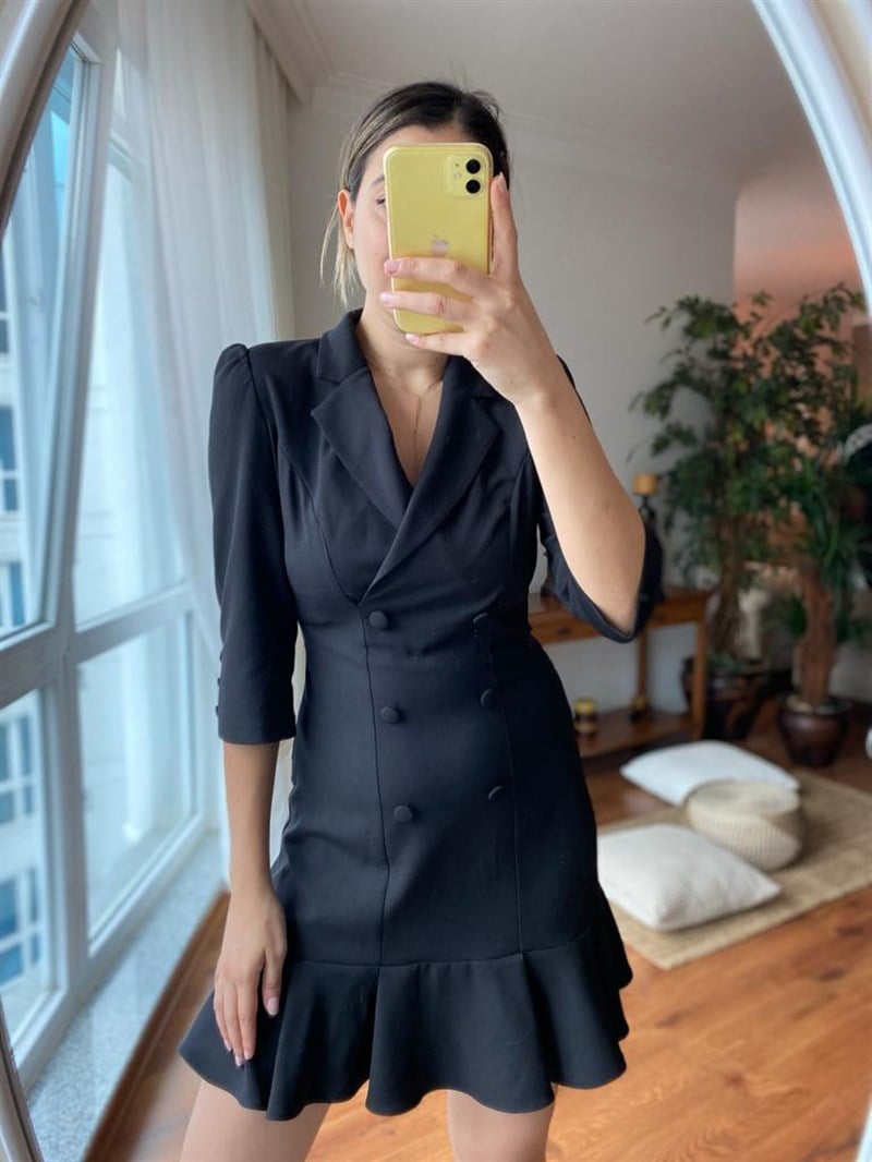 5131-891 Volanlı Blazer Elbise Siyah