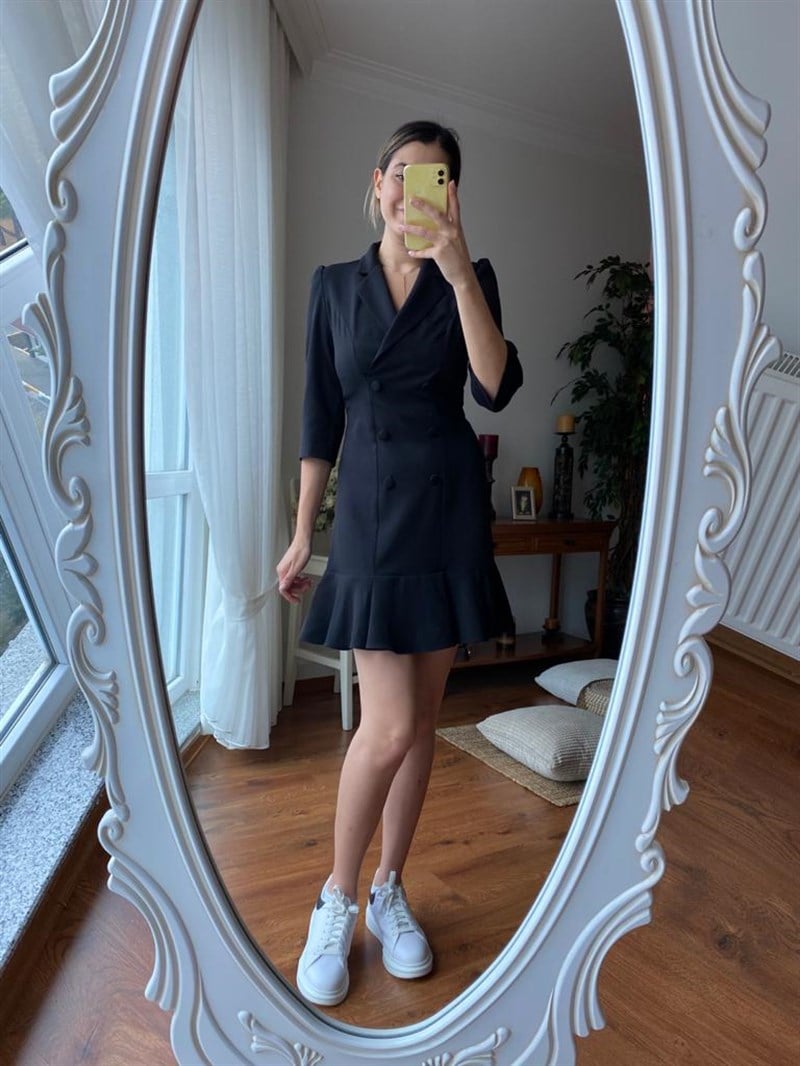 5131-891 Volanlı Blazer Elbise Siyah