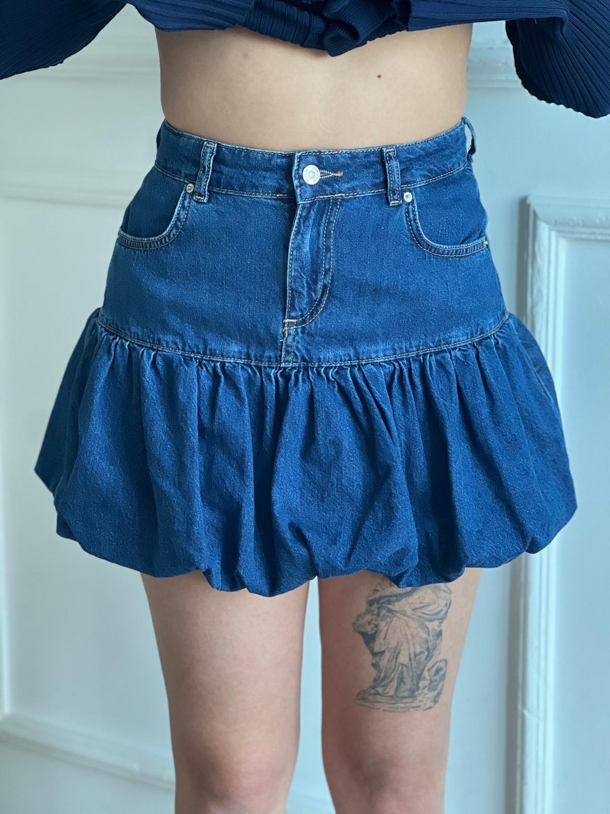 Altı Büzgülü Balon Kot Etek 80573 Koyu Mavi