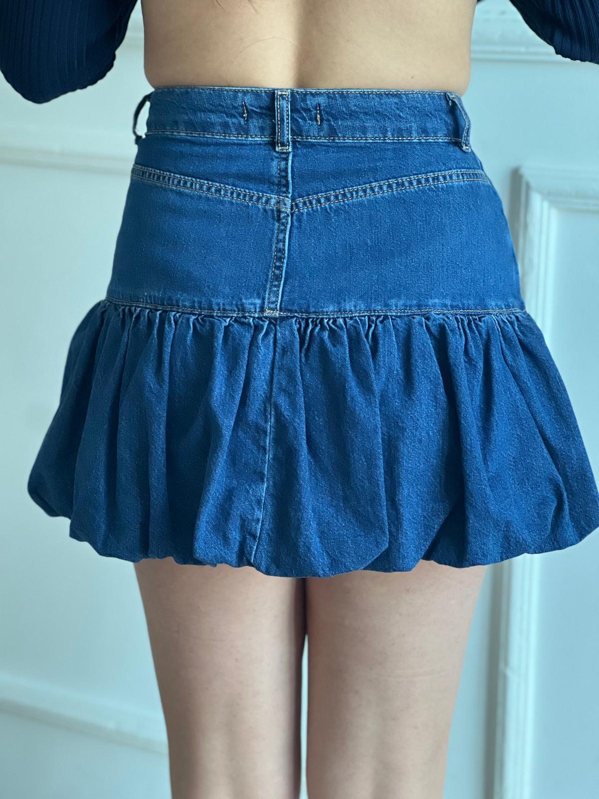 Altı Büzgülü Balon Kot Etek 80573 Koyu Mavi