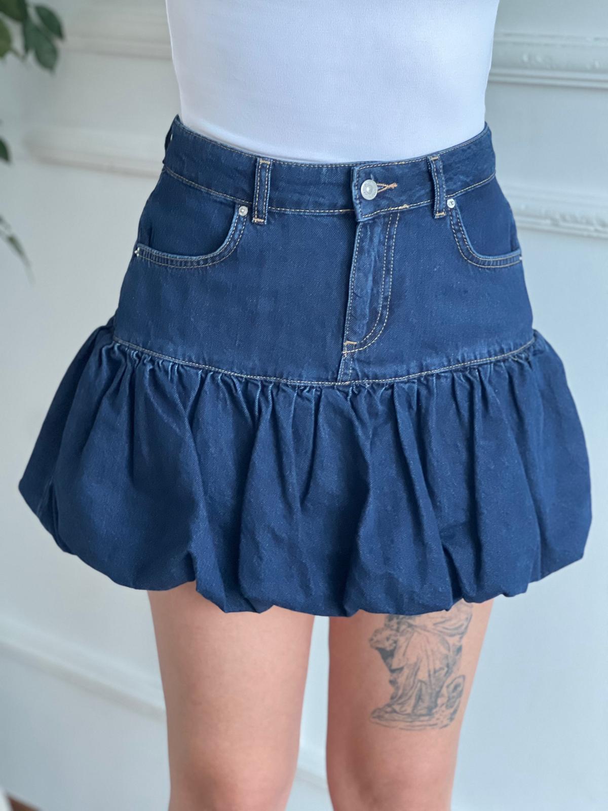 Altı Büzgülü Balon Kot Etek 80573 Lacivert