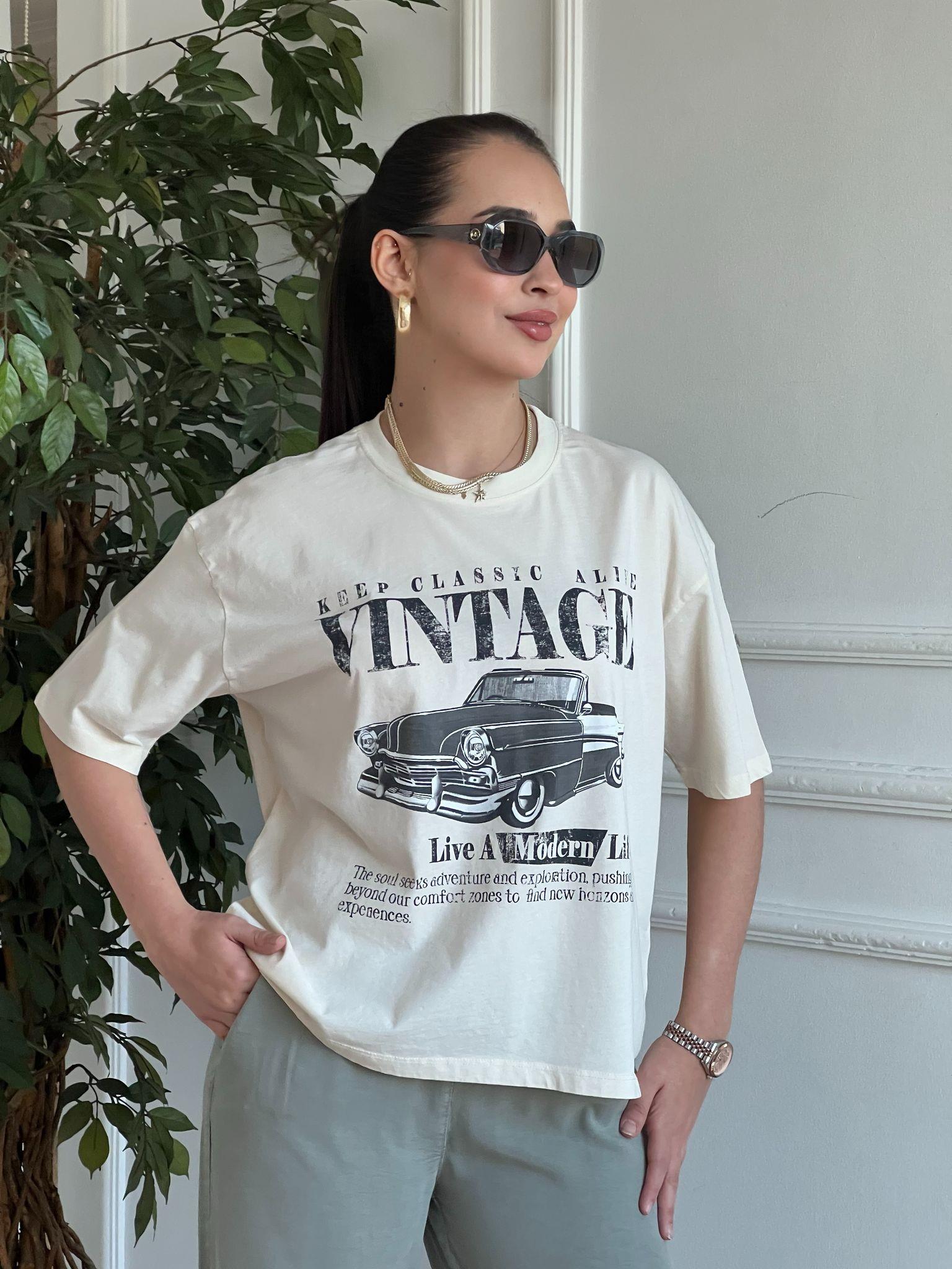 Araba Baskılı Tshirt 251061 Ekru