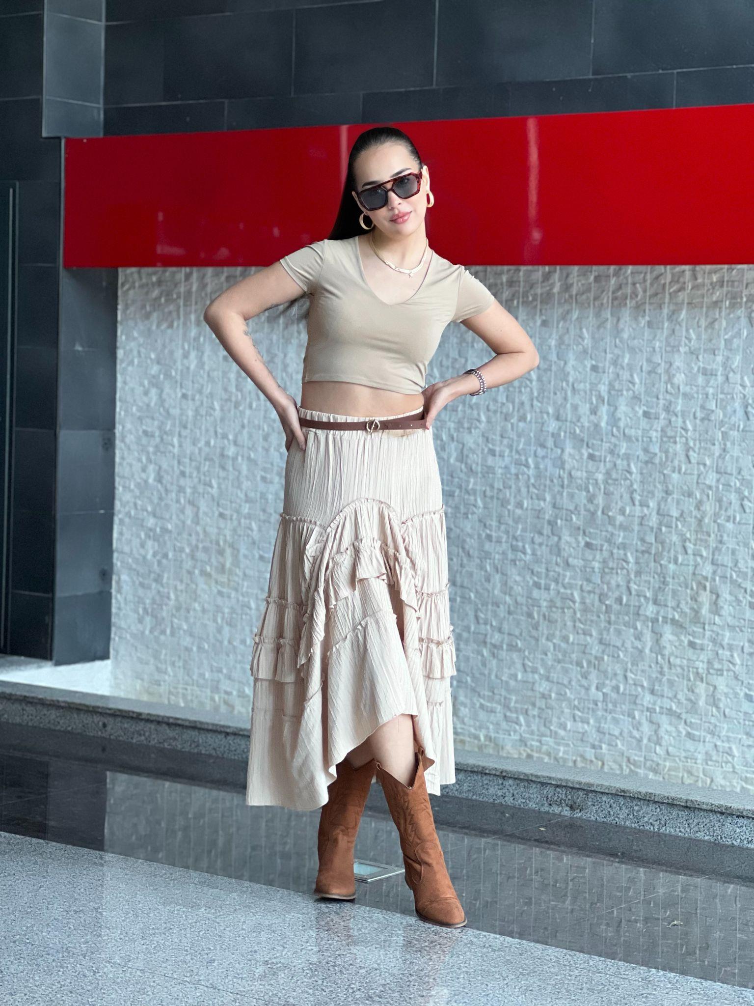 Asimetrik Fırfırlı Etek 251045 Pudra