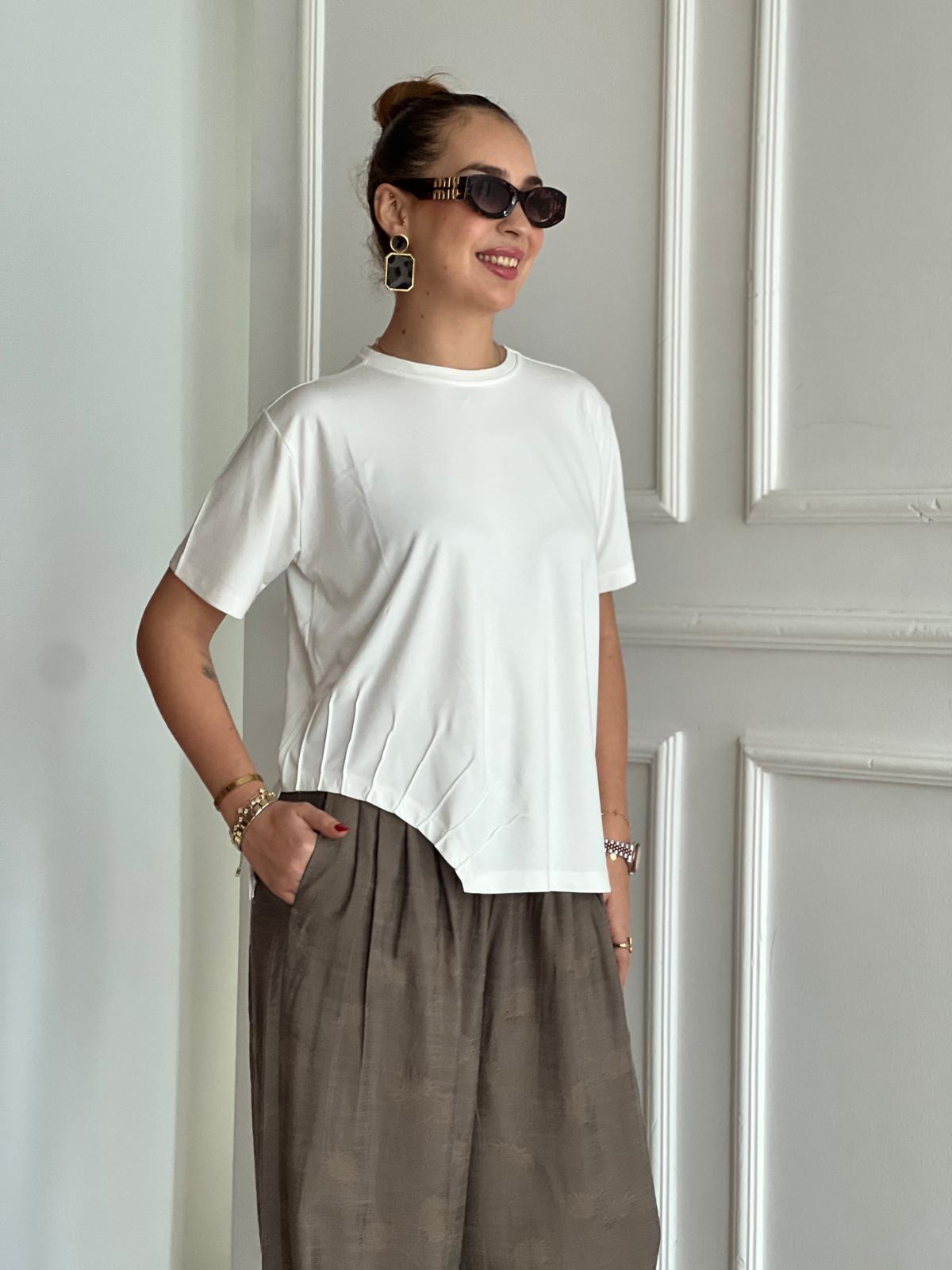 Asimetrik Kısa Kol Bluzu 30673 Ekru