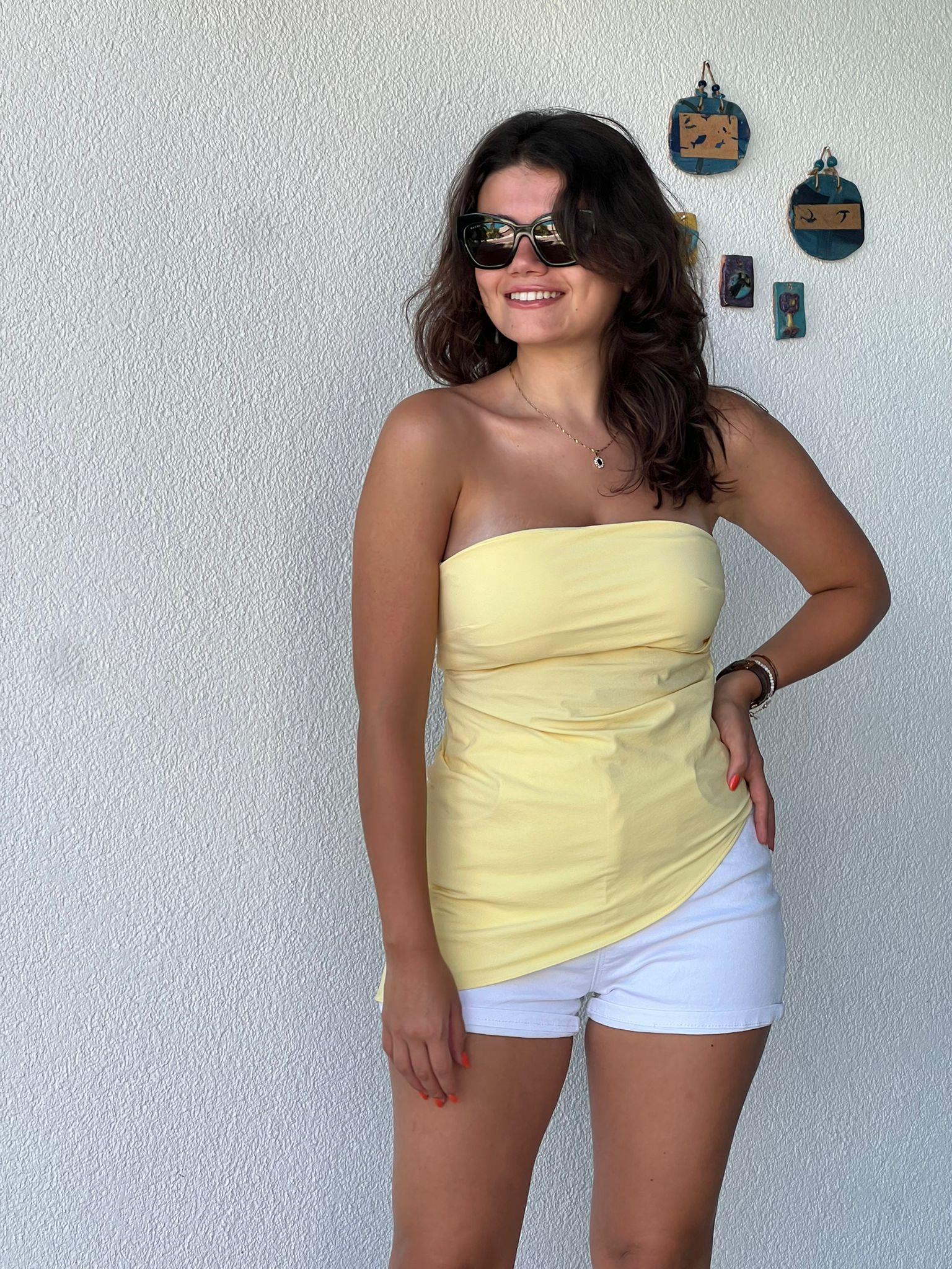 Asimetrik Straplez Bluz 00020 Sarı