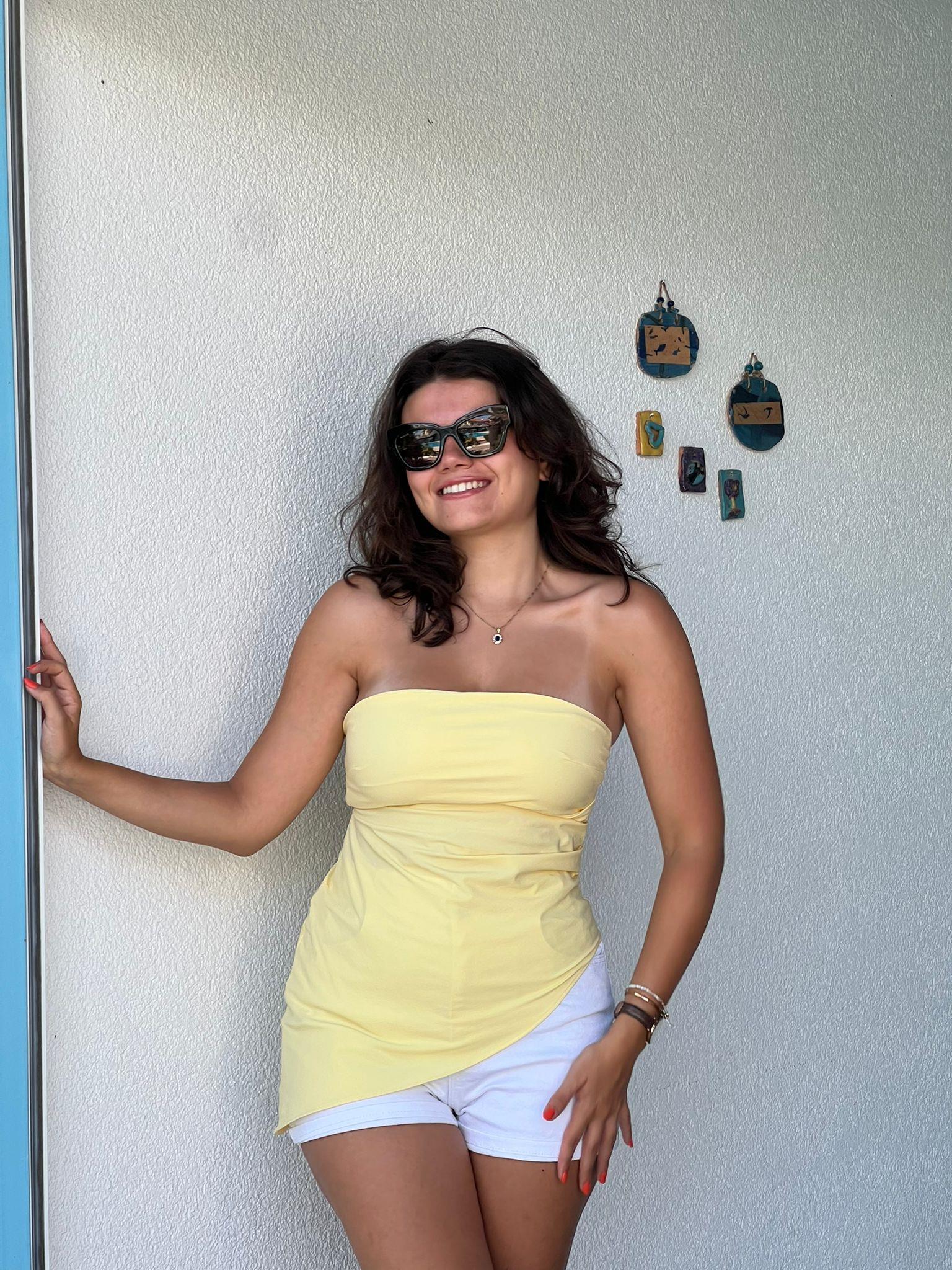 Asimetrik Straplez Bluz 00020 Sarı