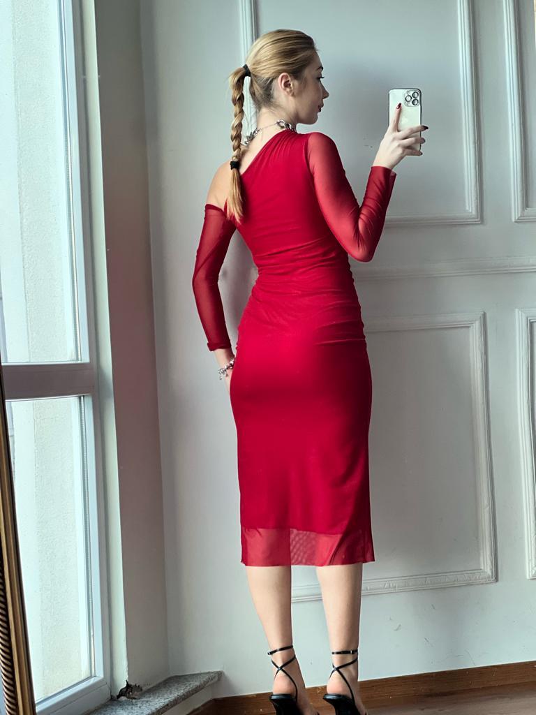 Asimetrik Yaka Tül Elbise 5402-455 Kırmızı