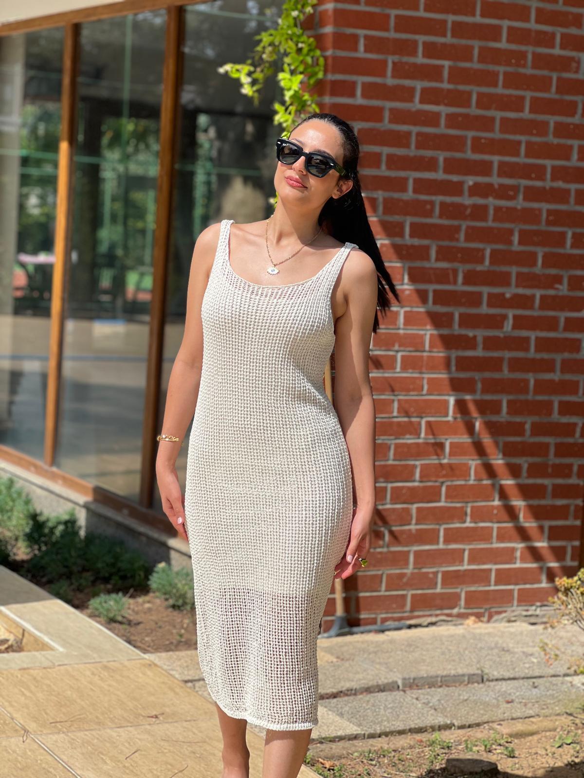 Askılı Ajurlu Astarlı Triko Elbise 90206 Ekru