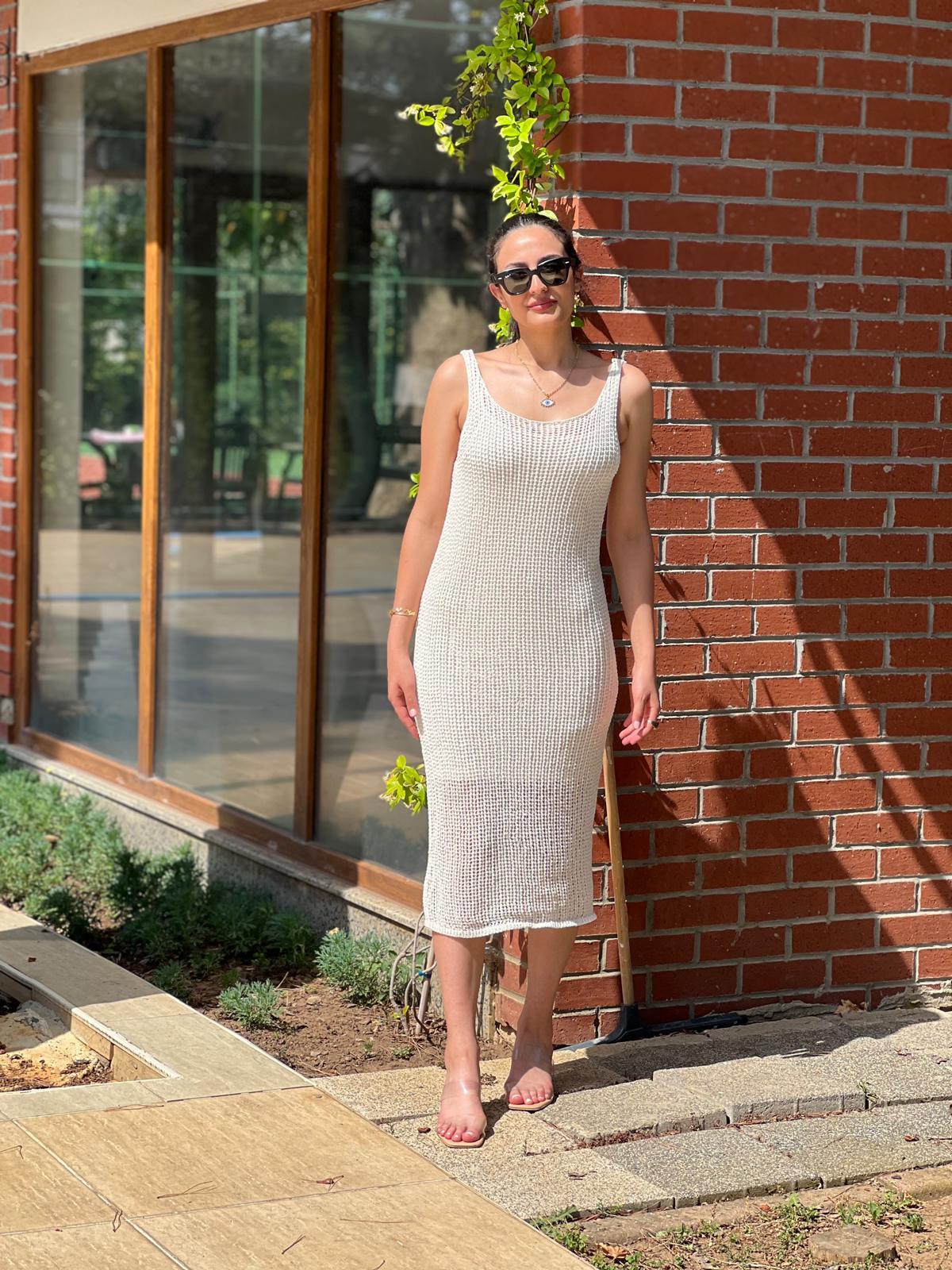 Askılı Ajurlu Astarlı Triko Elbise 90206 Ekru