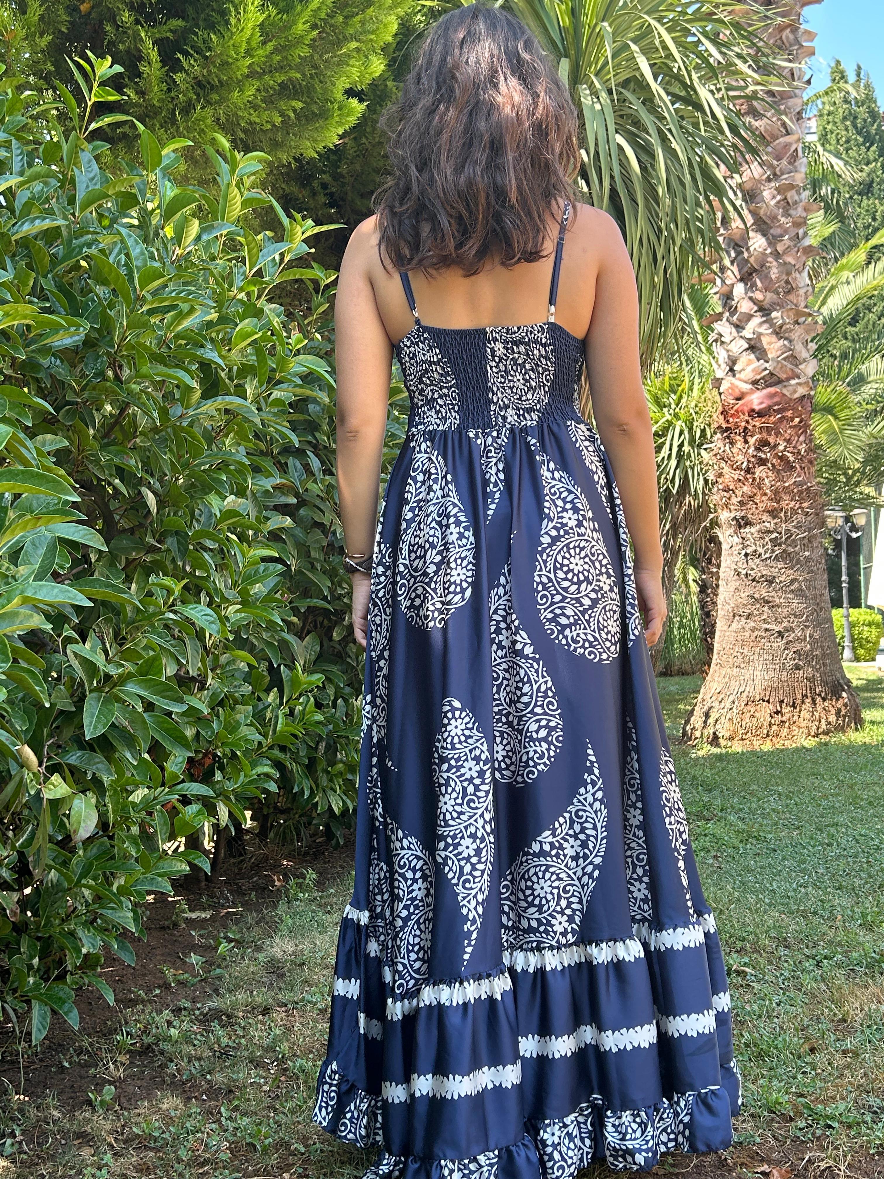 Askılı Desenli Elbise 38602 Lacivert