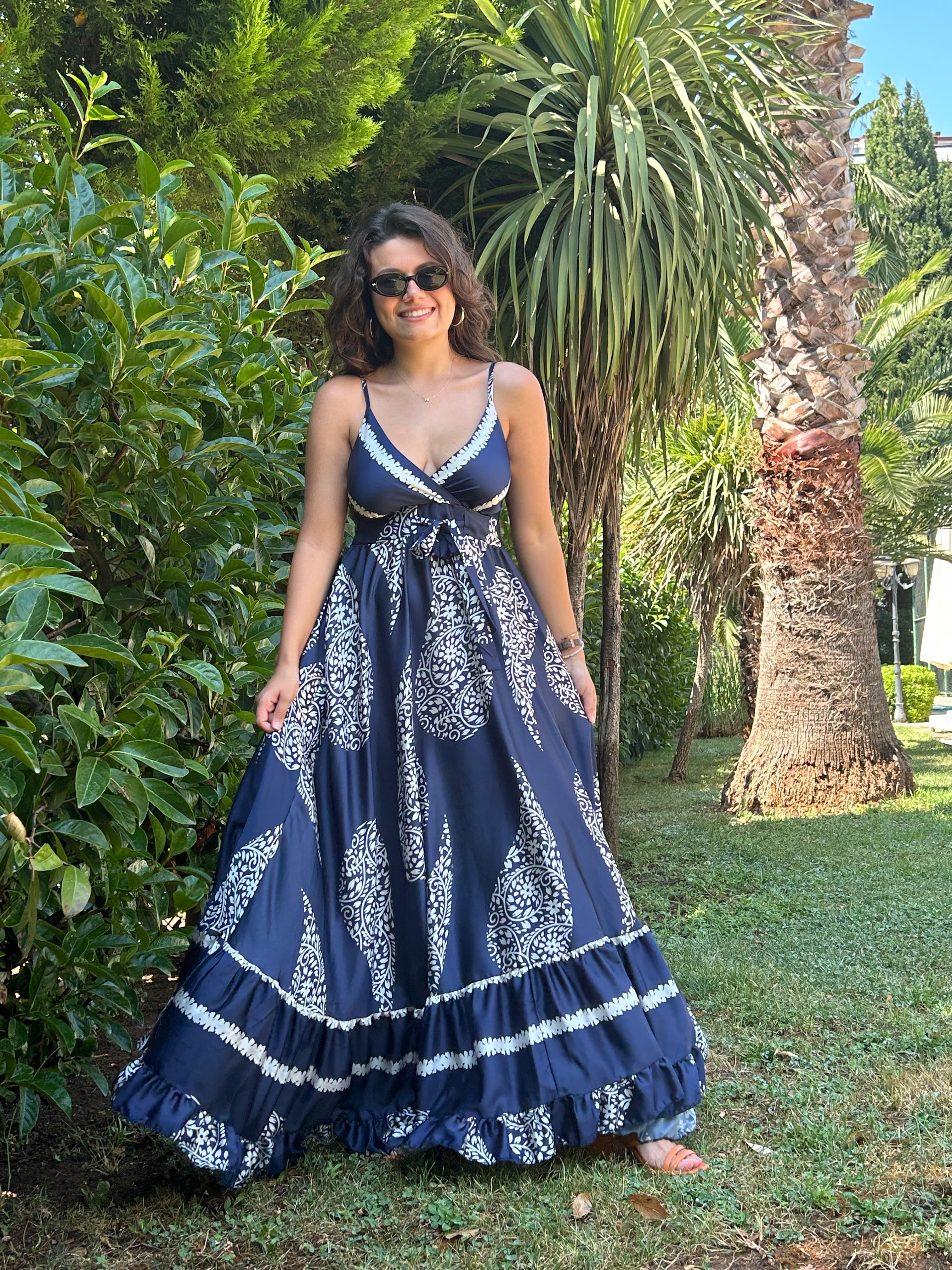 Askılı Desenli Elbise 38602 Lacivert