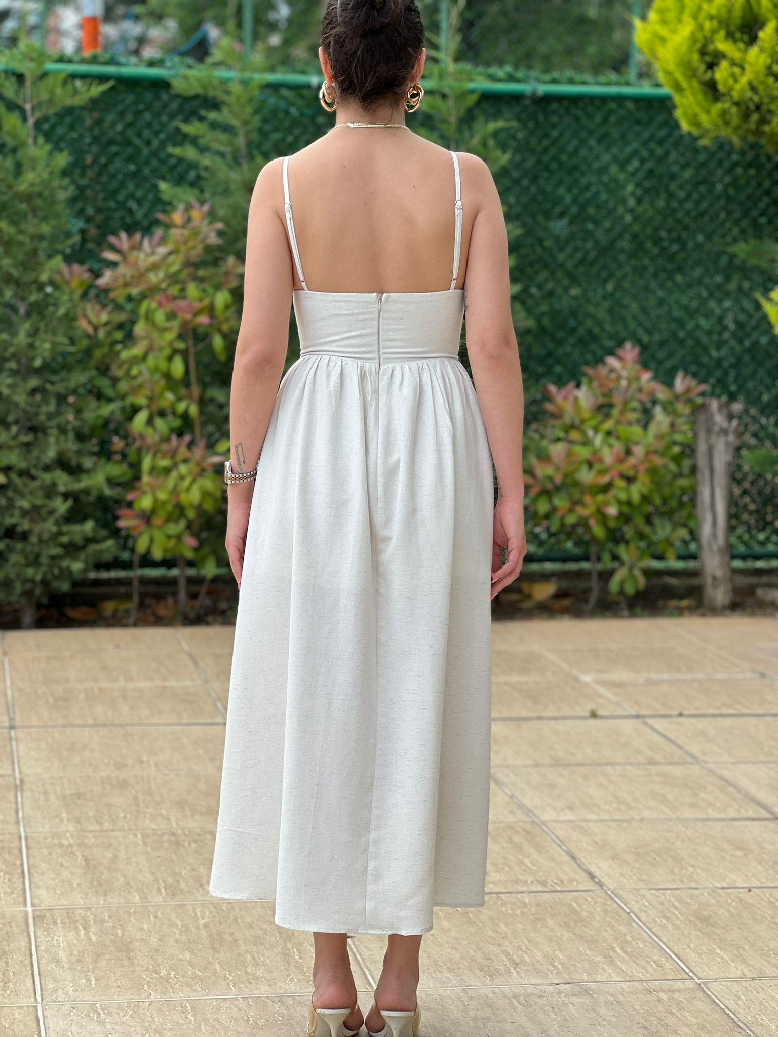 Askılı Keten Elbise 00521 Bej