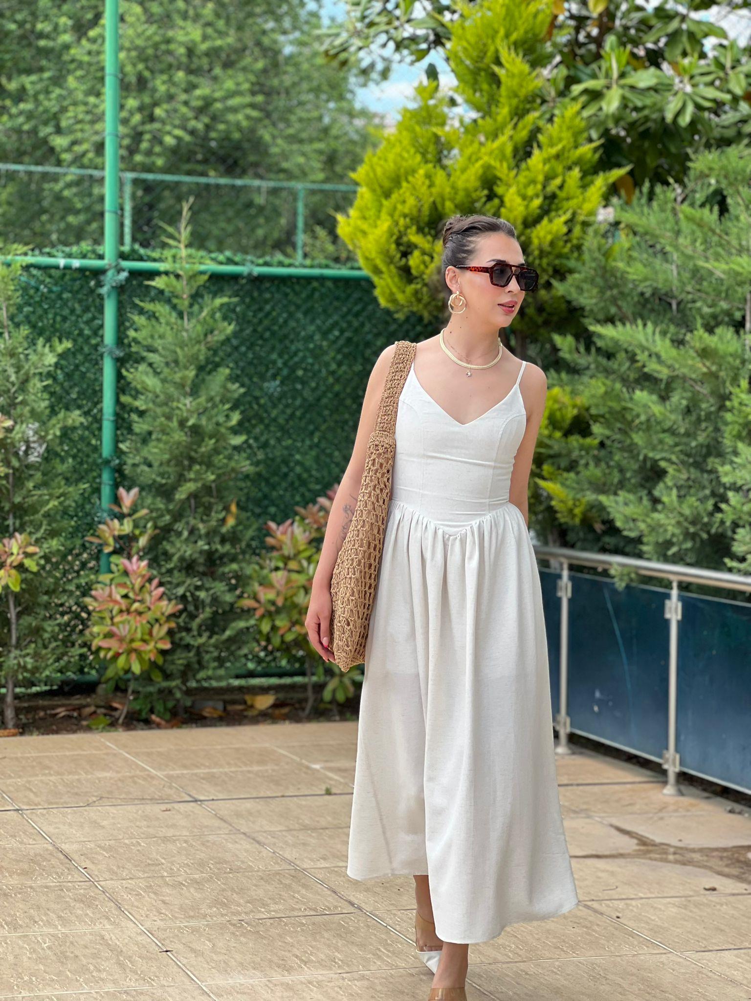 Askılı Keten Elbise 00521 Bej