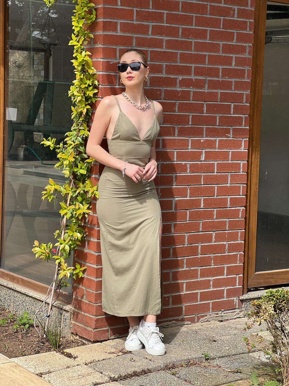 Askılı Keten Elbise 4201 Haki