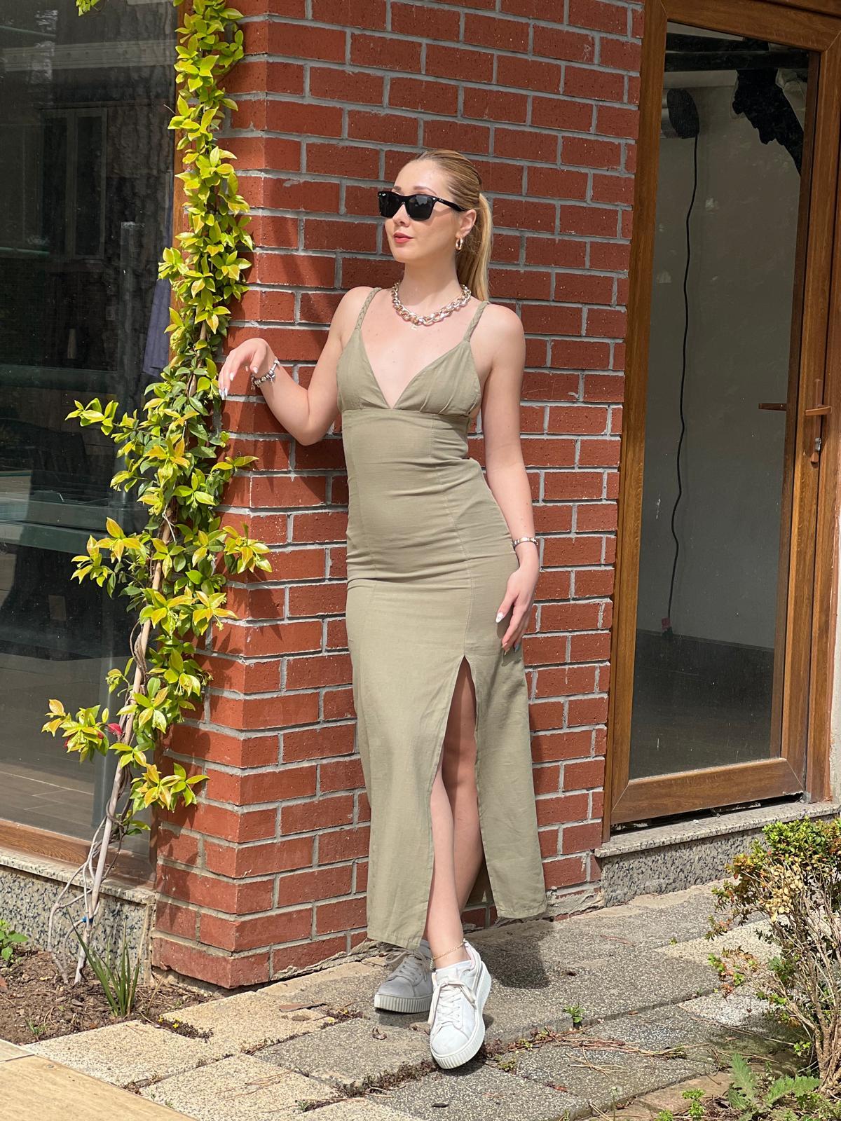 Askılı Keten Elbise 4201 Haki